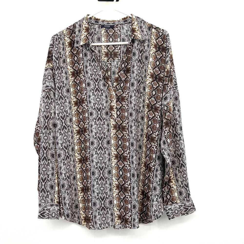 NYDJ Snake Print Blouse Womens L Long Sleeve V-Neck Popover Top Brown Black